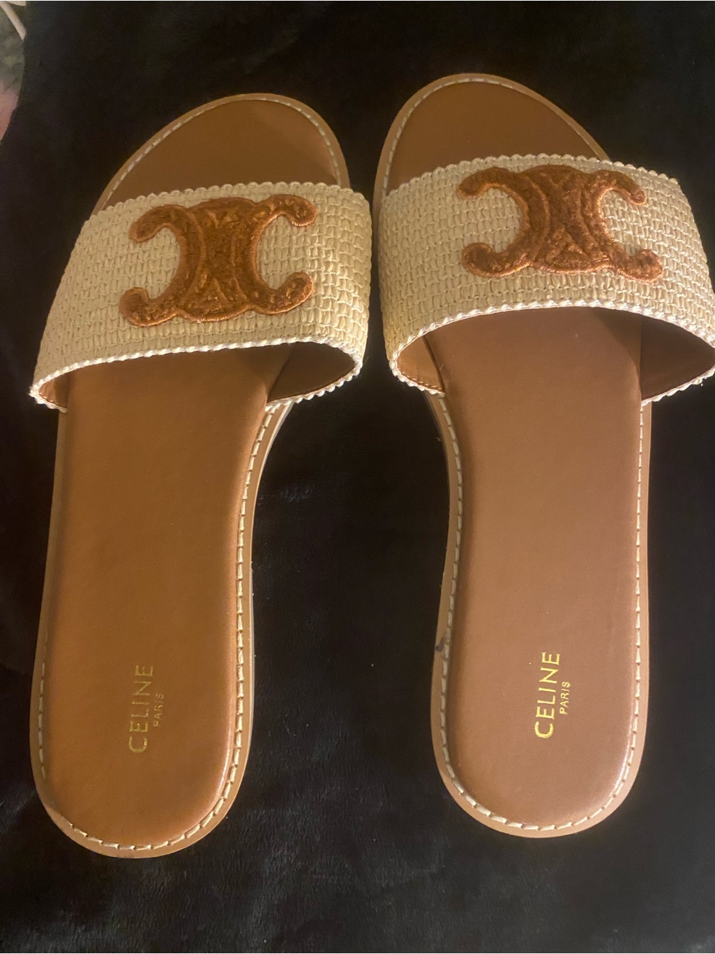 Celine Raffia Slide Sandals With Brown Leather Footbed